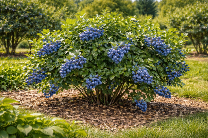 Borówka amerykańska (Vaccinium corymbosum) – owocujący krzew o naturalnym pokroju z dużymi, dojrzałymi jagodami.