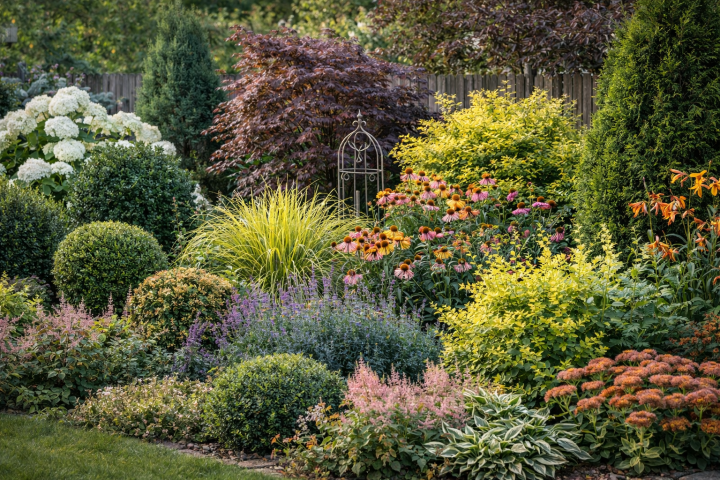 Niespójny dobór roślin w ogrodzie – brak powtarzalności i zbyt wiele form w jednej rabacie.