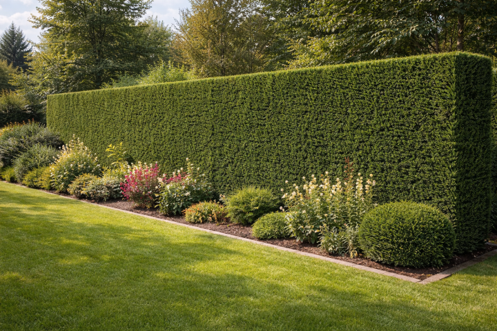 Żywopłot z cisa pospolitego (Taxus baccata) – gęsty, regularnie cięty żywopłot w ogrodzie.