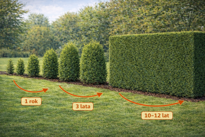 Żywopłot z cisa pospolitego (Taxus baccata) – gęsty, regularnie cięty żywopłot w ogrodzie.